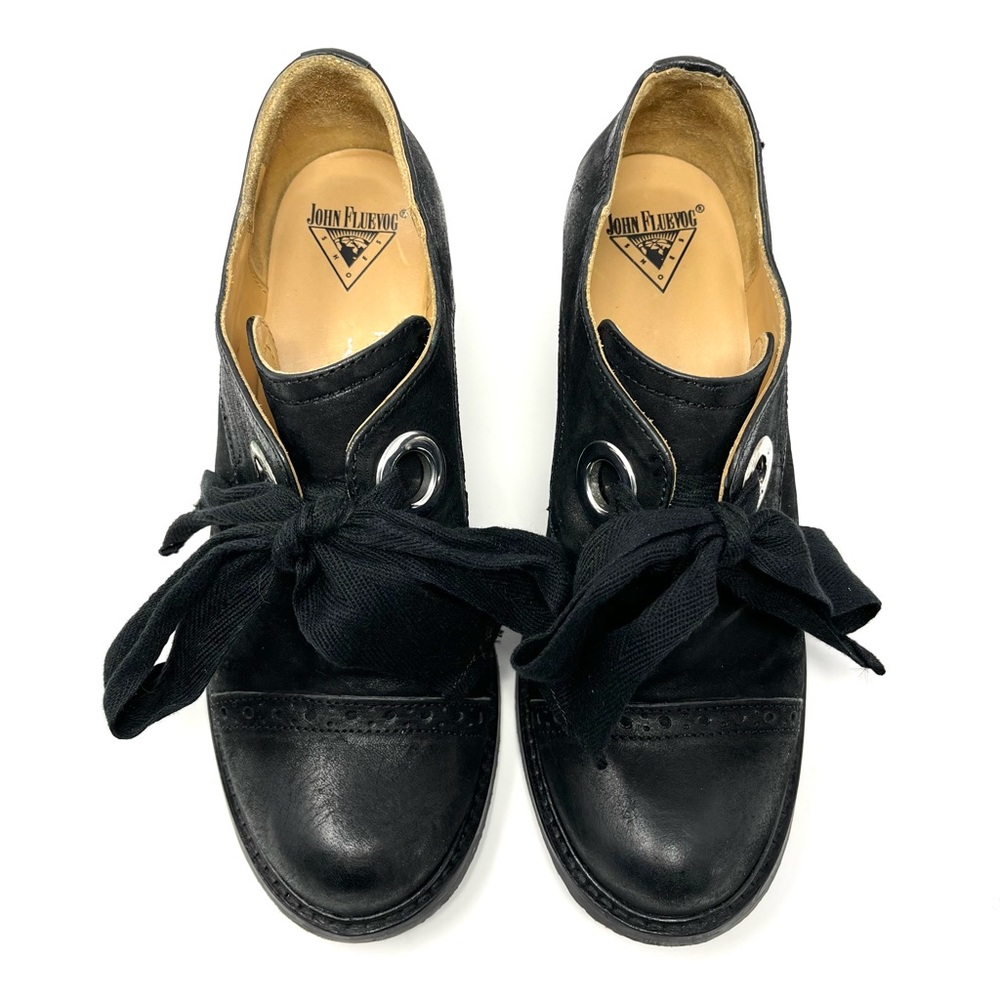 John Fluevog Black Leather East End Templeton Lace Up Oxford Shoes Heels Pumps 7 - Picture 3 of 13